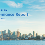 Screenshot of the cover of the Seattle Rescue Plan 2023 Performance Report, with the report title overlaid over an image of the downtown Seattle skyline