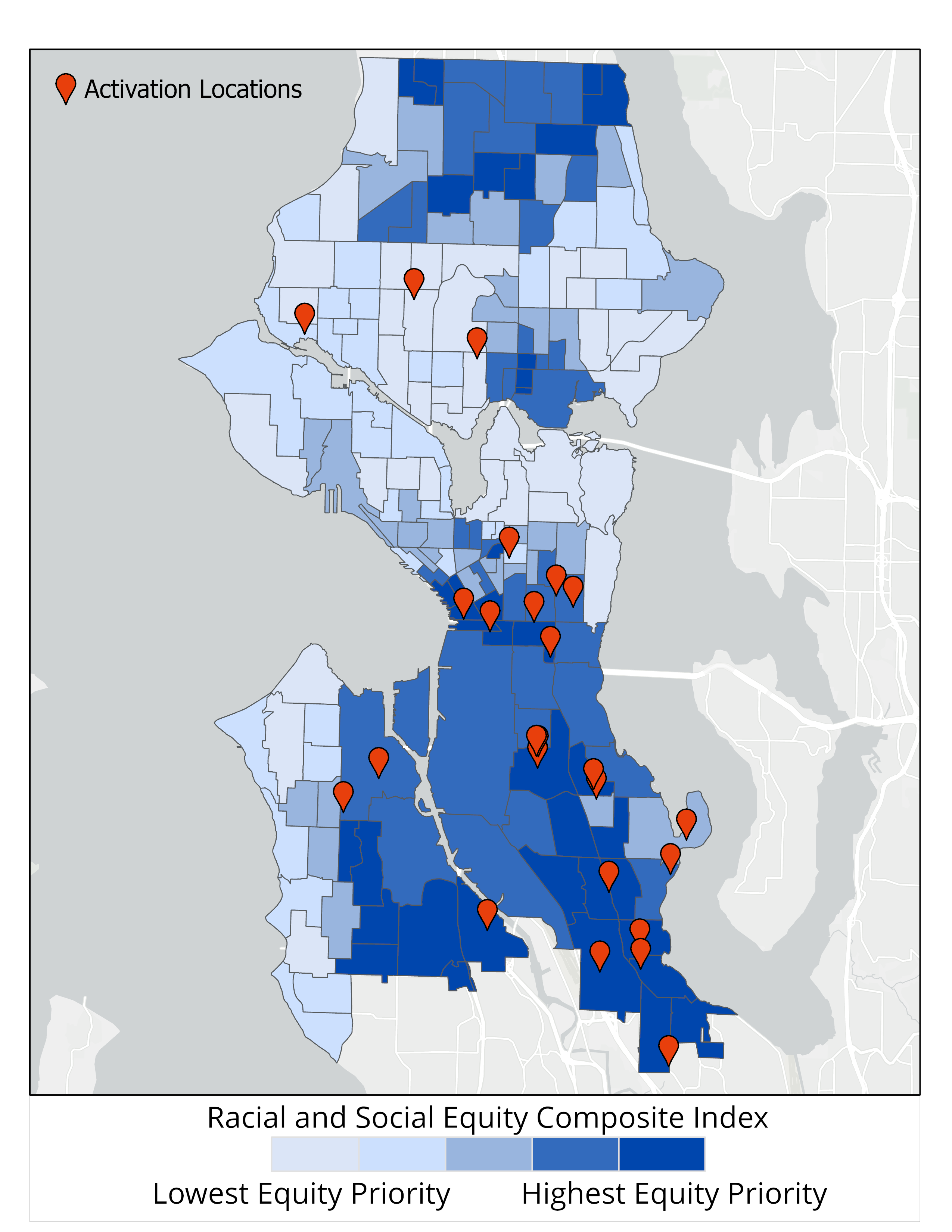 A map of Seattle showing high and low equity priority areas according to the Racial and Social Equity Composite Index. The map shows park activation locations. Most of them are in central and south Seattle, in higher equity priority areas. 
