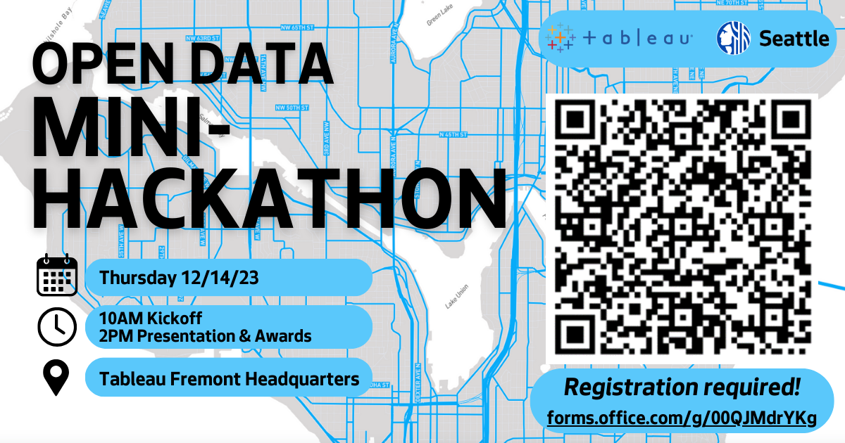 Graphic advertising the Open Data Mini Hackathon happening on 12/12/23, 10am kickoff and 2pm presentation and awards at the Tableau Fremont Headquarters. Registration required.