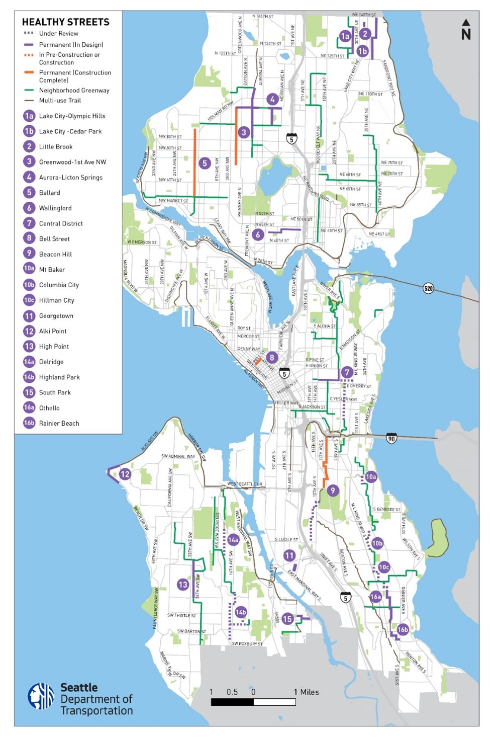 A map of Seattle showing the status of different Healthy Street locations. 14 locations have already received permanent upgrades or are in the process of receiving permanent upgrades. Six locations are still being evaluated. 
