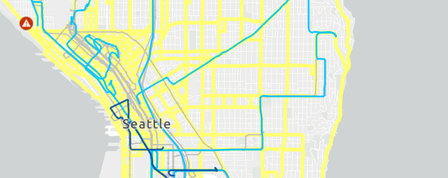 Screenshot from the Seattle Winter Weather Response Map, with lines indicating snow plow routes