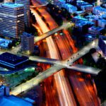 Aerial view of the I5 freeway through downtown Seattle