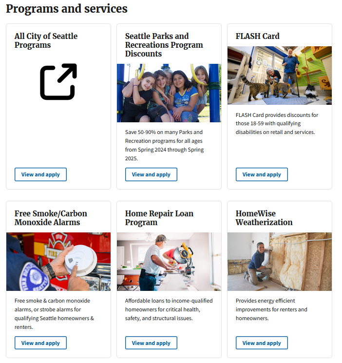 Screenshot of Seattle's CiviForm homepage, showing a variety of discount and benefit programs