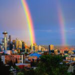 A double rainbow over the Space Needle and the Seattle skyline