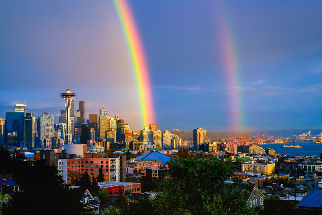 A double rainbow over the Space Needle and the Seattle skyline